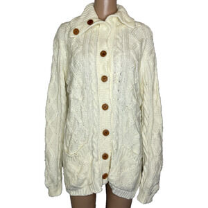 Womens XL Vtg Mantessa Fisherman Cable Knit Arcylic Blend Ivory Cardigan Sweater